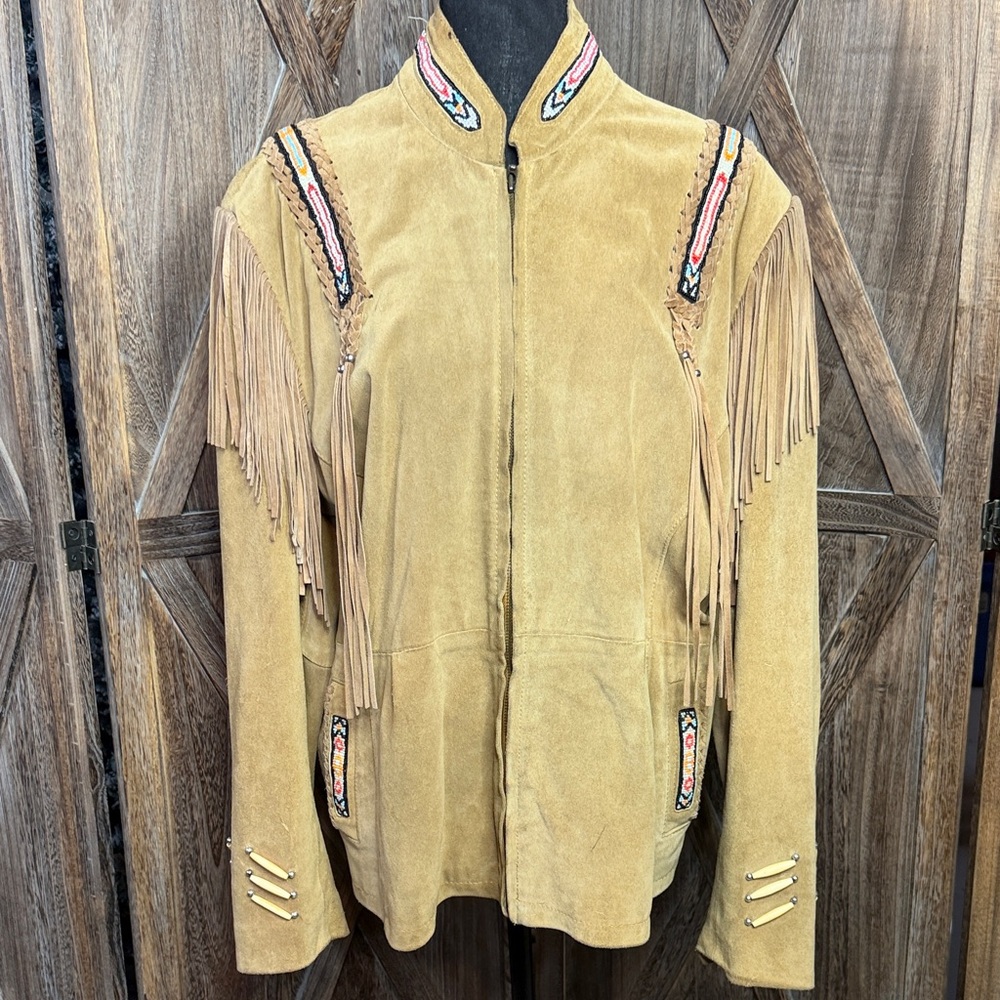 T4 West Vintage Tan Suede Fringe and embroidered bead Jacket